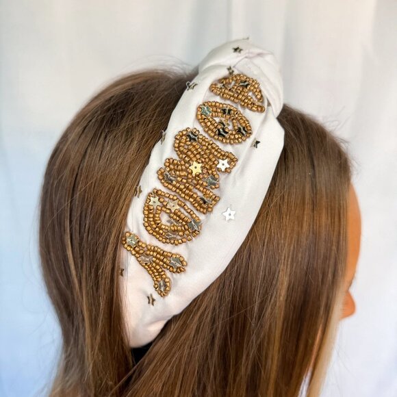 HOWDY Gold Star Beaded Sparkle White Top Knot Headband NEW - Picture 5 of 5